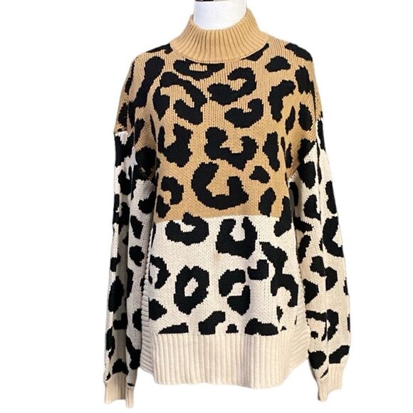 Nine West leopard Print Knit Sweater Tunic Turtleneck - Picture 2 of 14